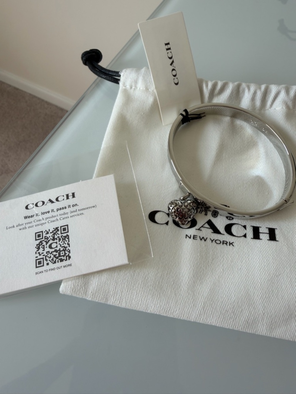 Coach Silver Heart Monogram Charm Bangle Hinge Bracelet